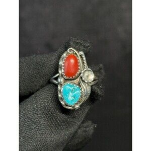 Navajo Sterling Silver Turquoise Coral Ring Size 5.25